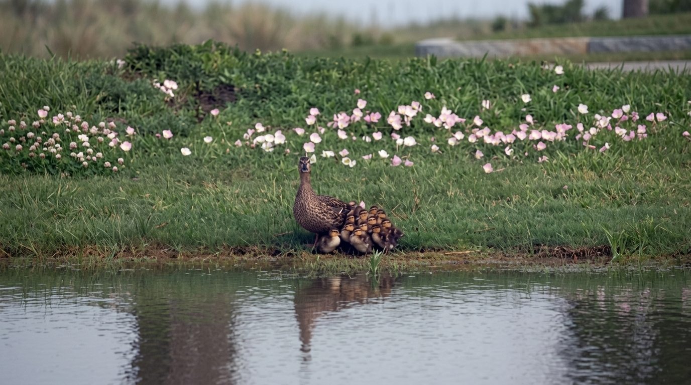 Morning mist and mallard ducklings greeting sunrise on Dickinson Bayou