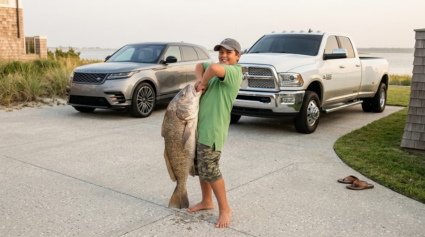 Young Camper Proudly Holding Trophy Black Drum Landed off Resort Pier